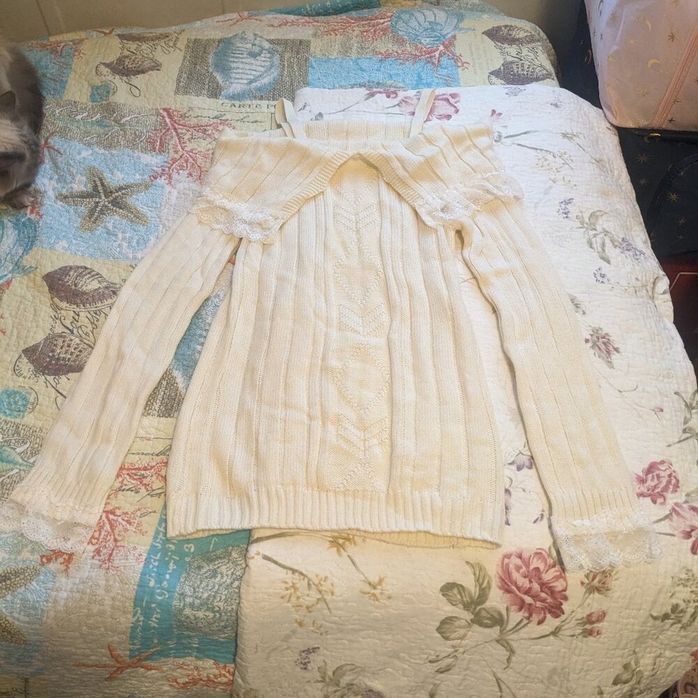 Lace trim off shoulder sweater